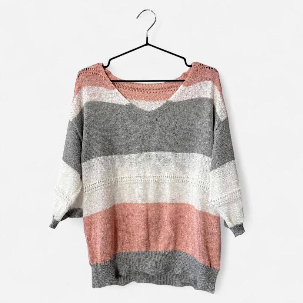 Coastal Nautical pink horizontal striped light knit sweater!
